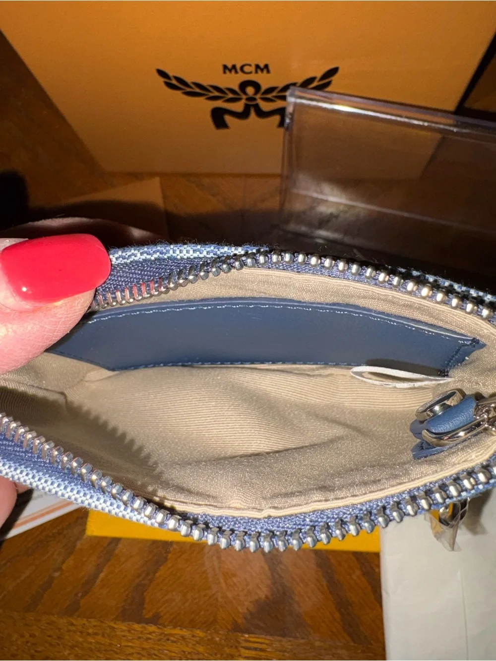 MCM Aren Zip Card Case Monogram Denim Jacquard Blue - Authentic